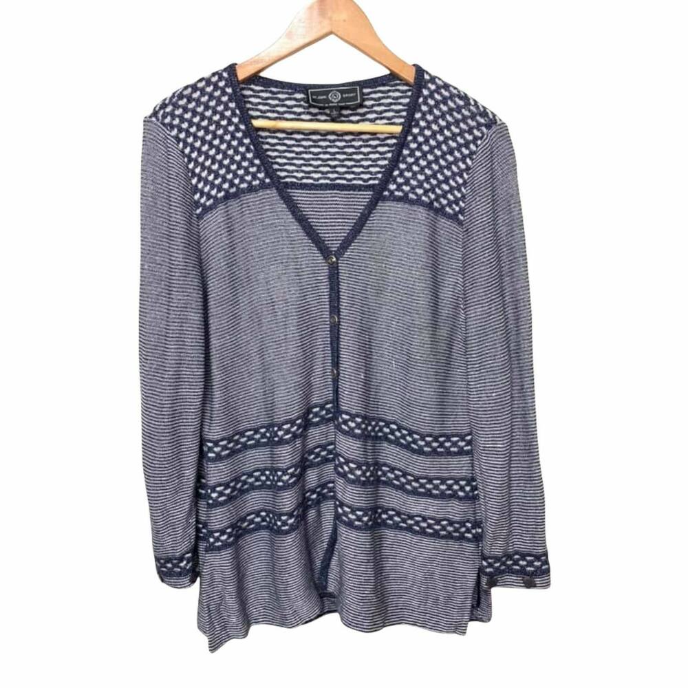 St. John Sport Blue White Knit Button Down Cardigan Jeweled Large